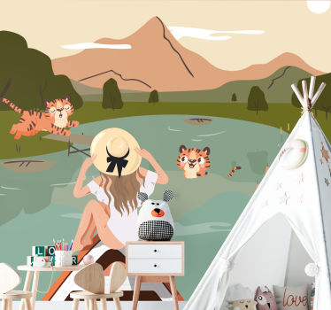 Girl and tigers jungle animals Children Wall Murals - TenStickers