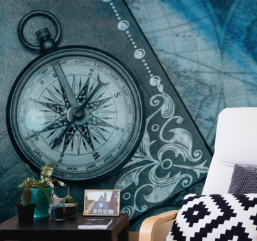 Ornate compass design world map mural - TenStickers