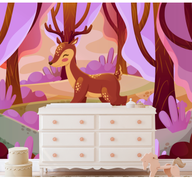 Pink tree in sprint with deer Children Wall Murals - TenStickers