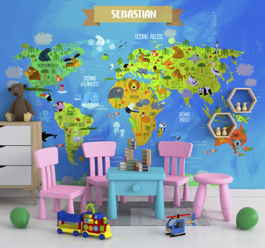 World map with animals Wall Murals for Bedrooms - TenStickers