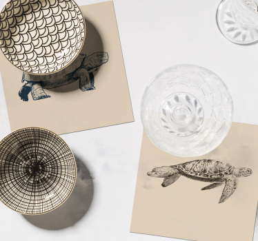 Turtle Drawings Beige Background Coaster Set - TenStickers