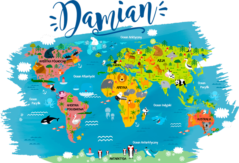 Map poster world map of animals with polish names - TenStickers
