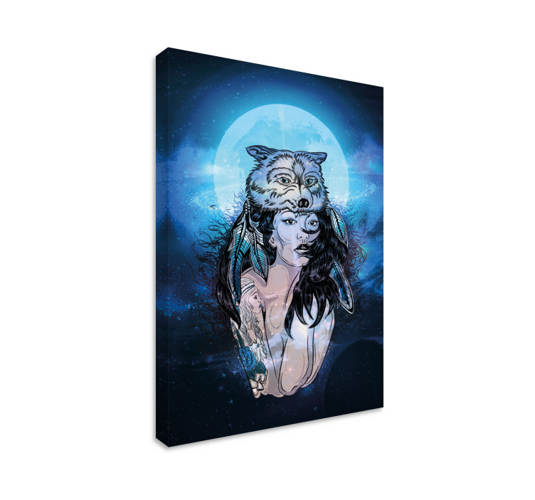 Wolf moon woman retro canvas art - TenStickers