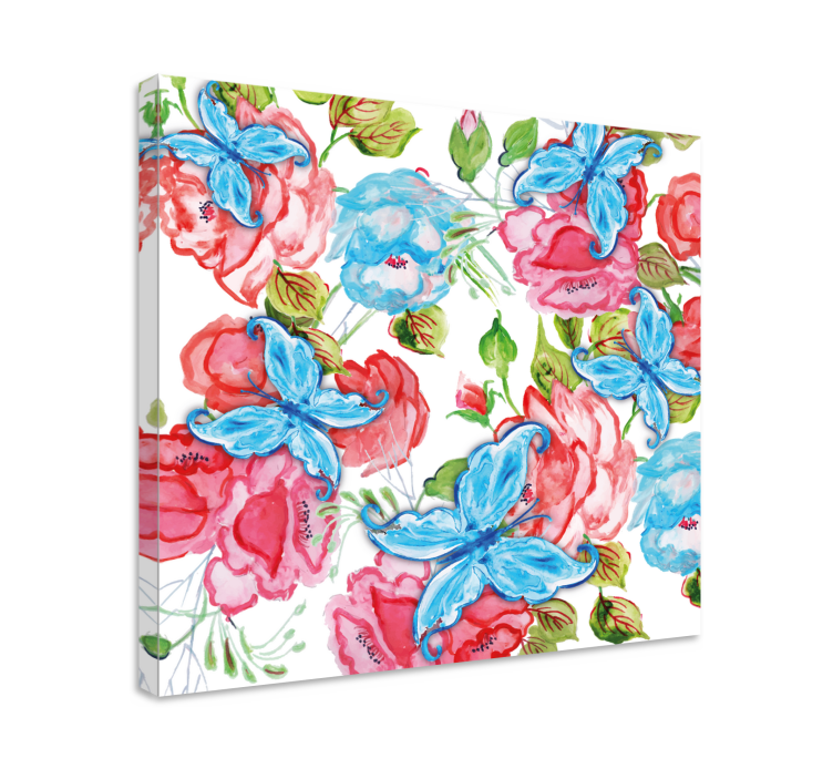 Pink flowers and butterfly canvas wall art - TenStickers