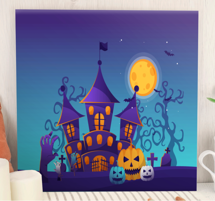 Floral canvas wall art haunted house scene - TenStickers