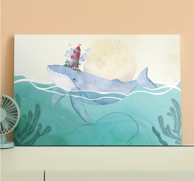 Nautical canvas art whale and lighthouse - TenStickers