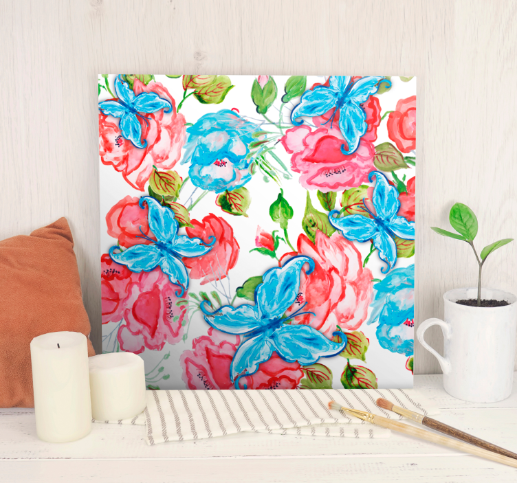 Pink flowers and butterfly canvas wall art - TenStickers