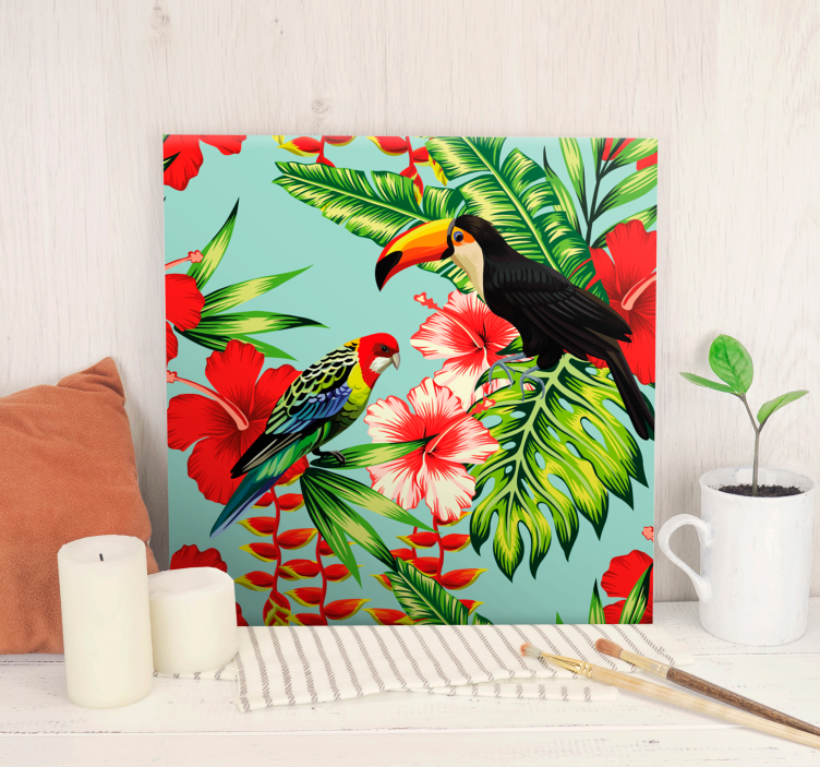 Tropical red flowers bird canvas art - TenStickers