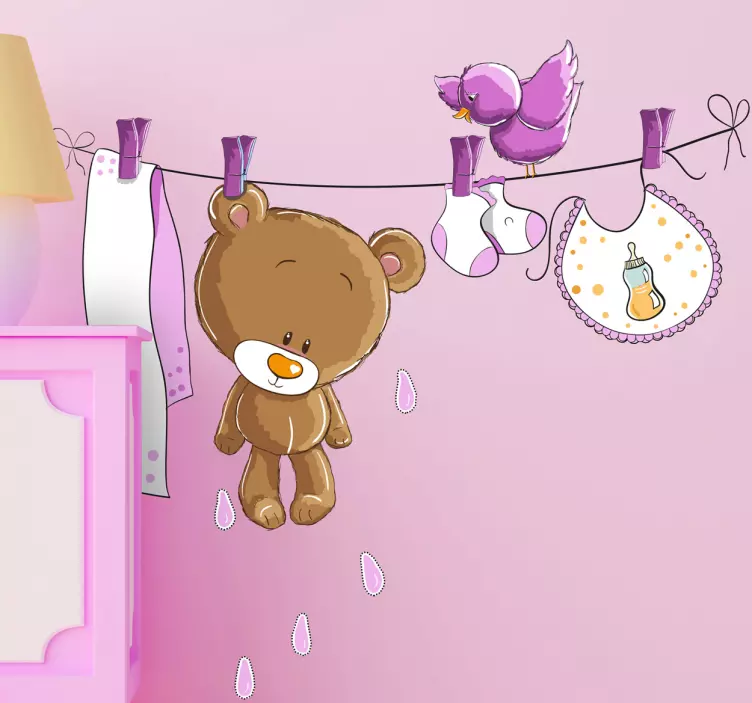  Personalized pink clothesline bear sticker - TenStickers
