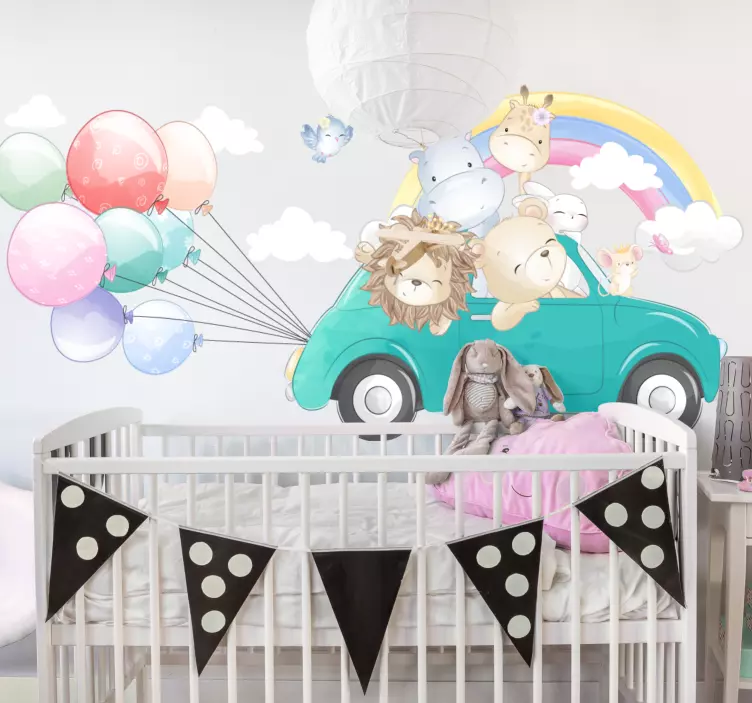 Animal adventure car illustration wall sticker - TenStickers