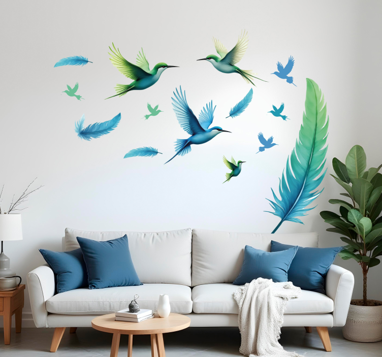 Blue feathers with birds wall decal - TenStickers