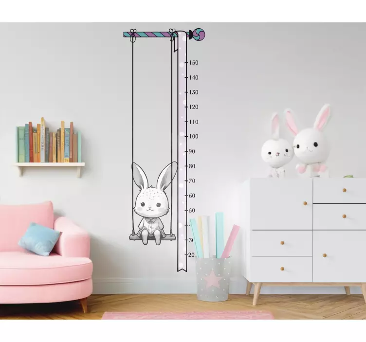 Bunny on swing height chart sticker - TenStickers