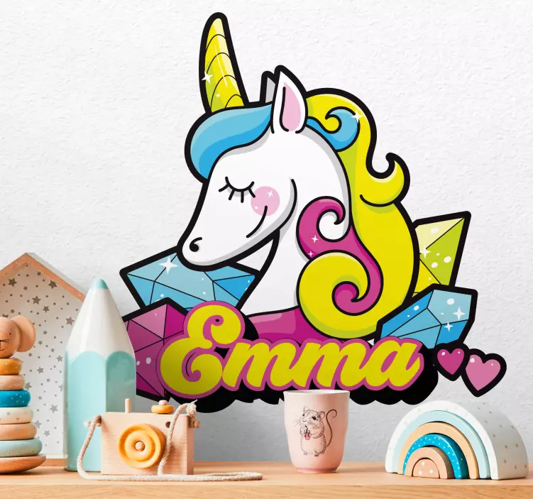 Colorful unicorn with name illustration wall sticker - TenStickers