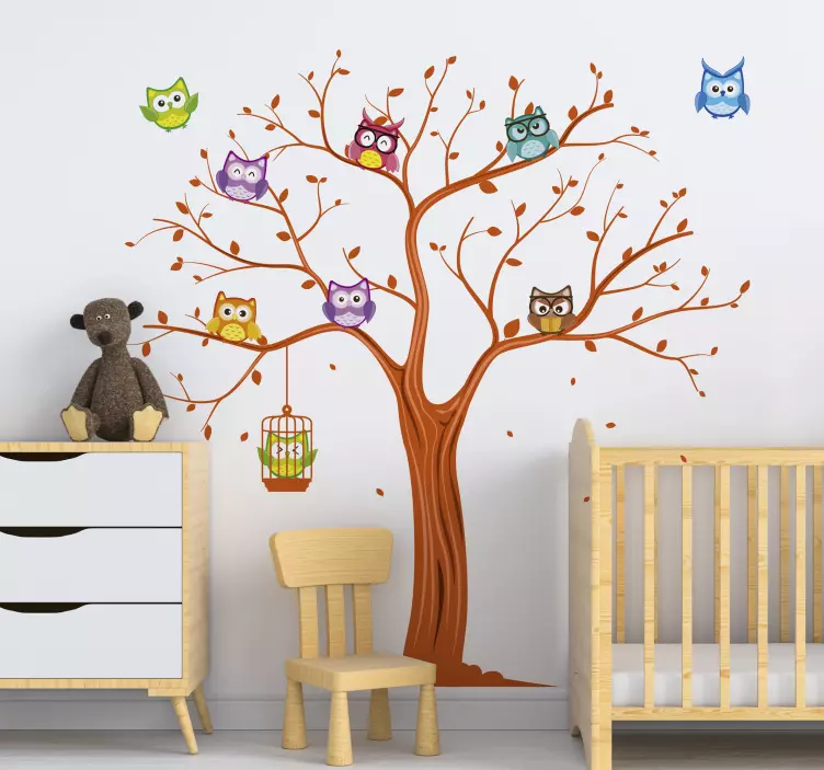 Colourful owls on a tree wall sticker - TenStickers
