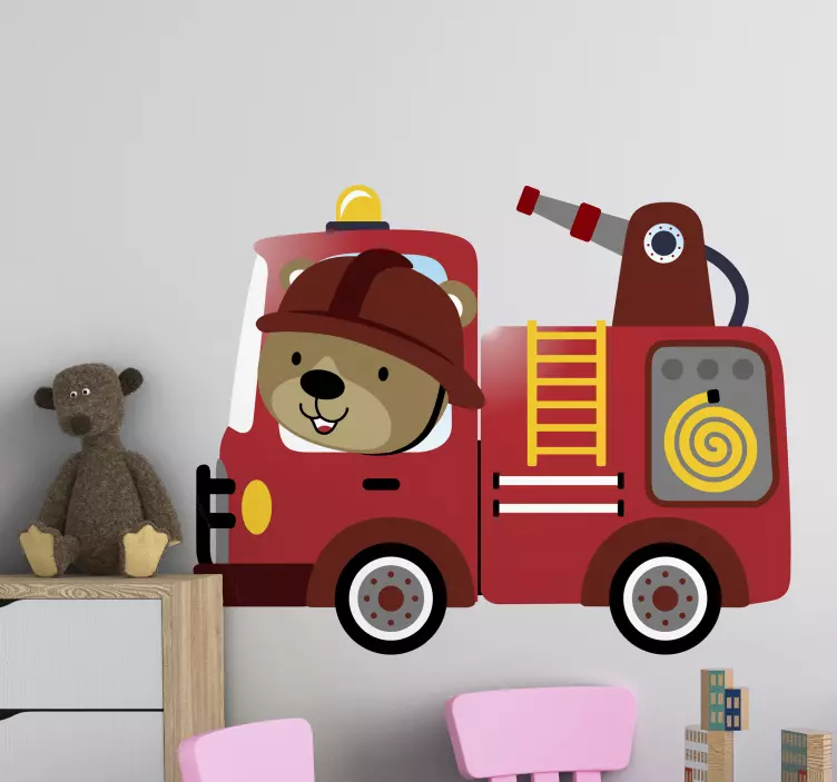 Cute Bear Fire Truck wall sticker for kids - TenStickers