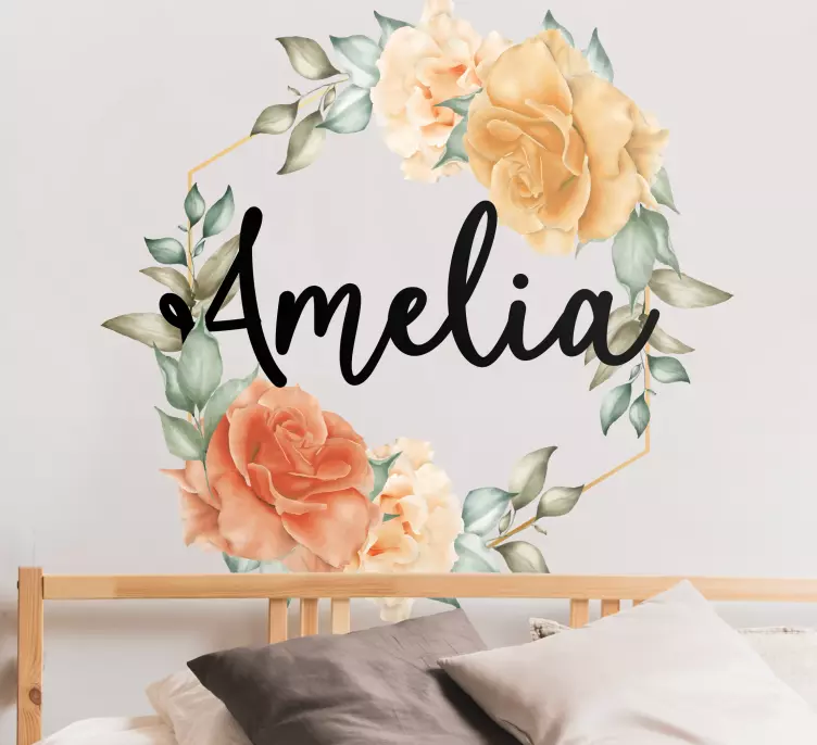Floral wreath in orange with name flower decal - TenStickers