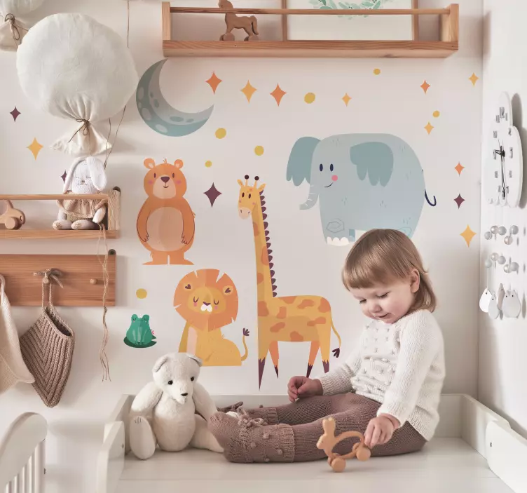 Happy animals under moon and stars illustration wall sticker - TenStickers