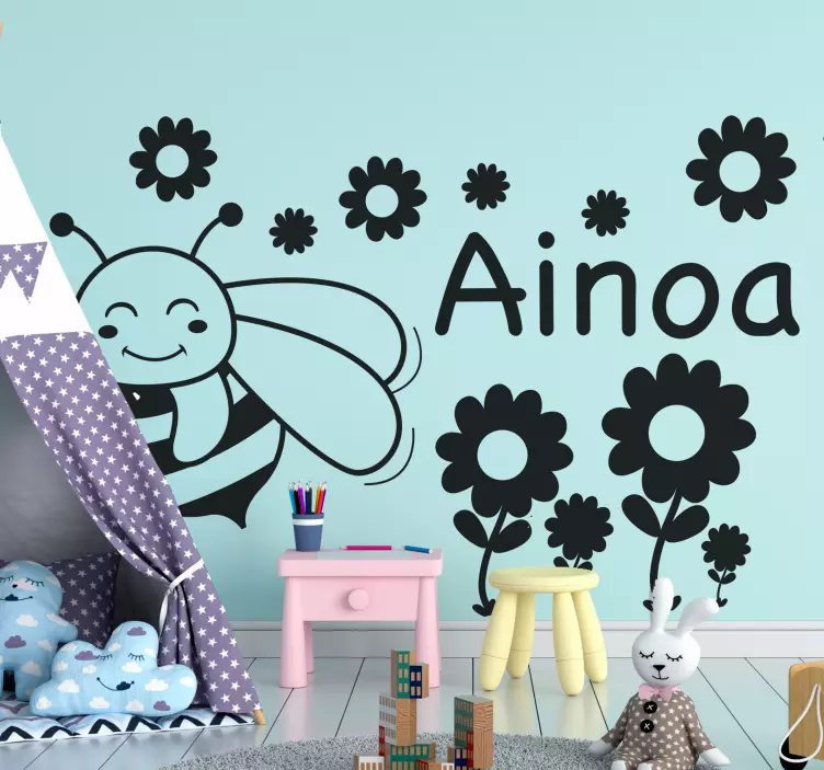 Happy Bee With Flowers pet sticker - TenStickers