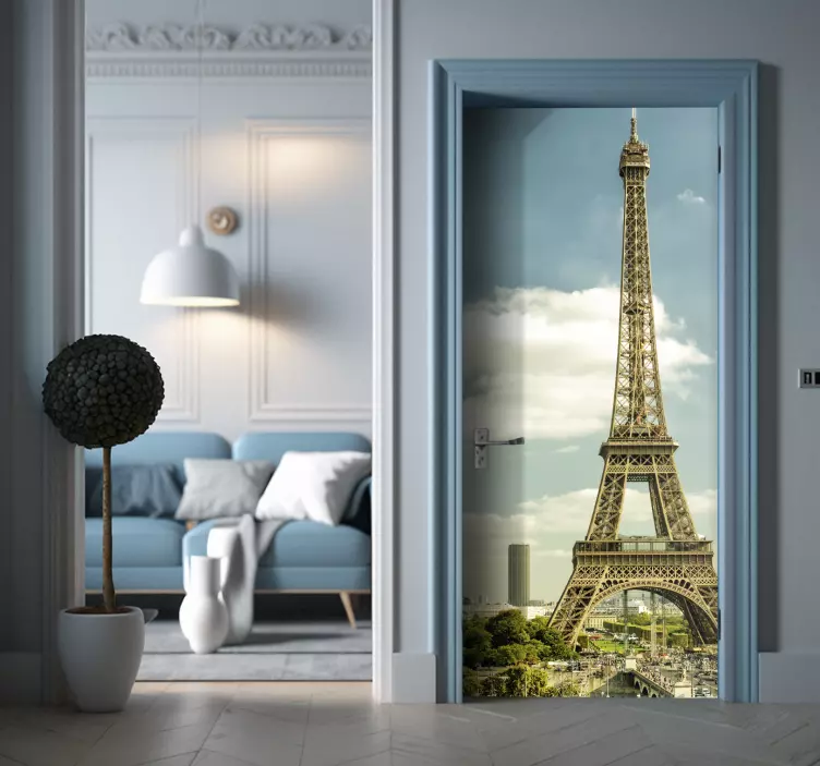 Paris sunny eiffel tower view door sticker - TenStickers