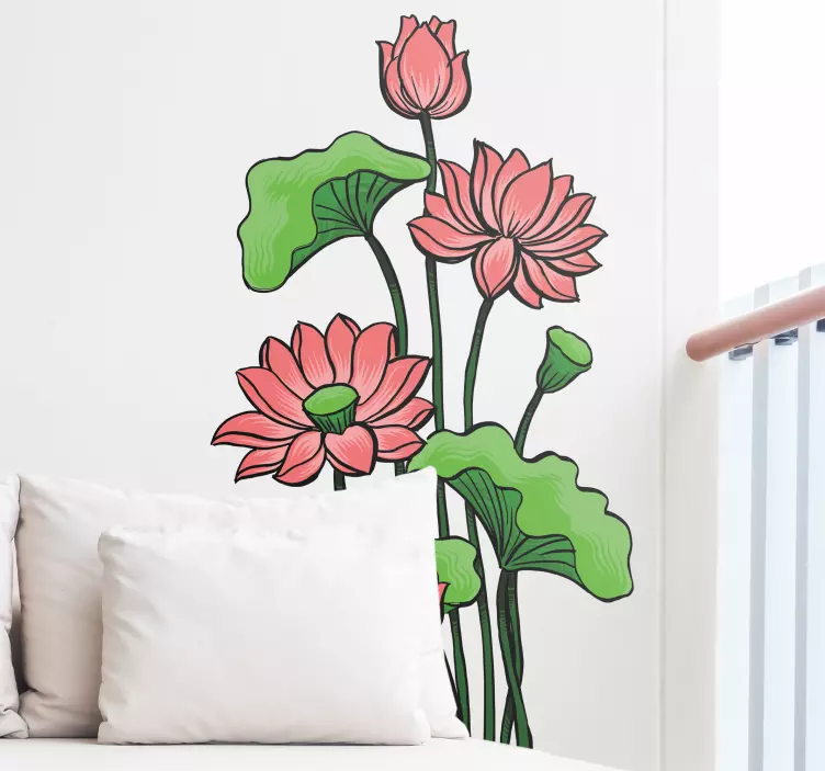 Pink and green lotus flower wall sticker - TenStickers