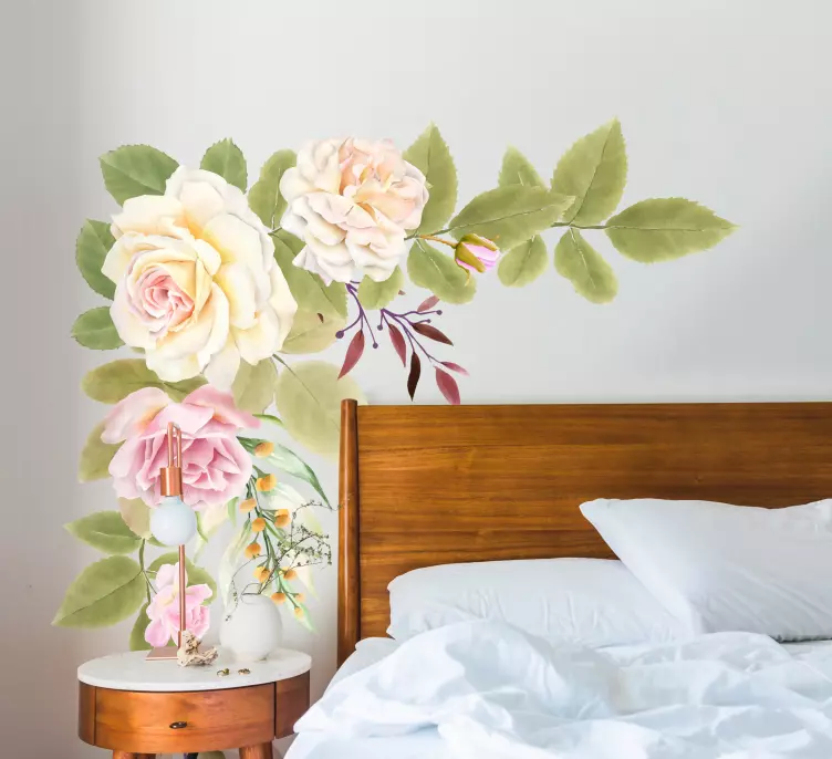 Pink and white roses flower wall sticker - TenStickers