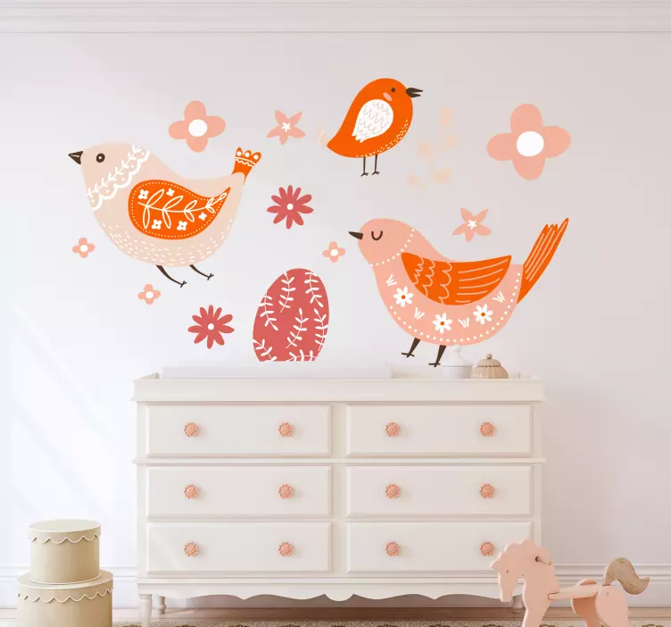 Pink folk art pattern with birds wall sticker - TenStickers