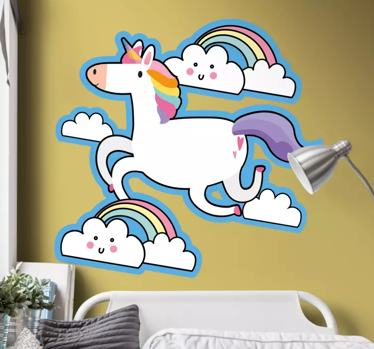 Unicorn running with clouds wall sticker for kids - TenStickers