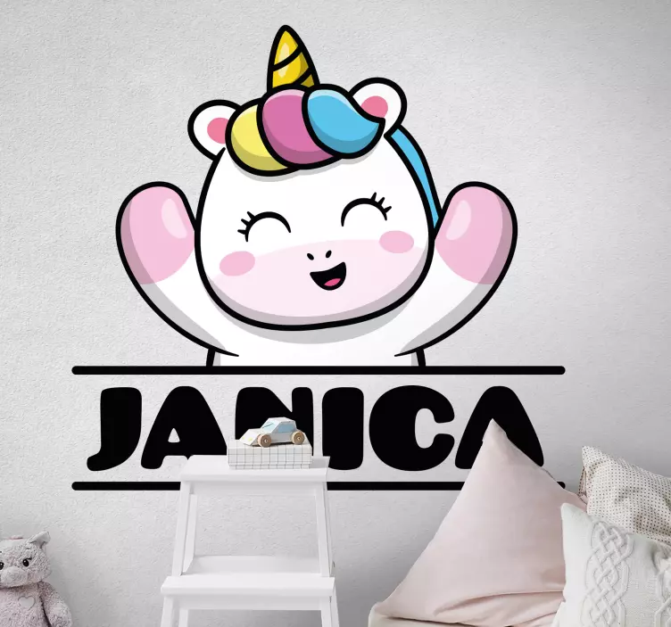 Popping out unicorn with name  custom sticker - TenStickers