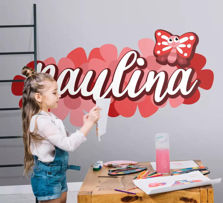Red butterfly with flower and name wall sticker - TenStickers