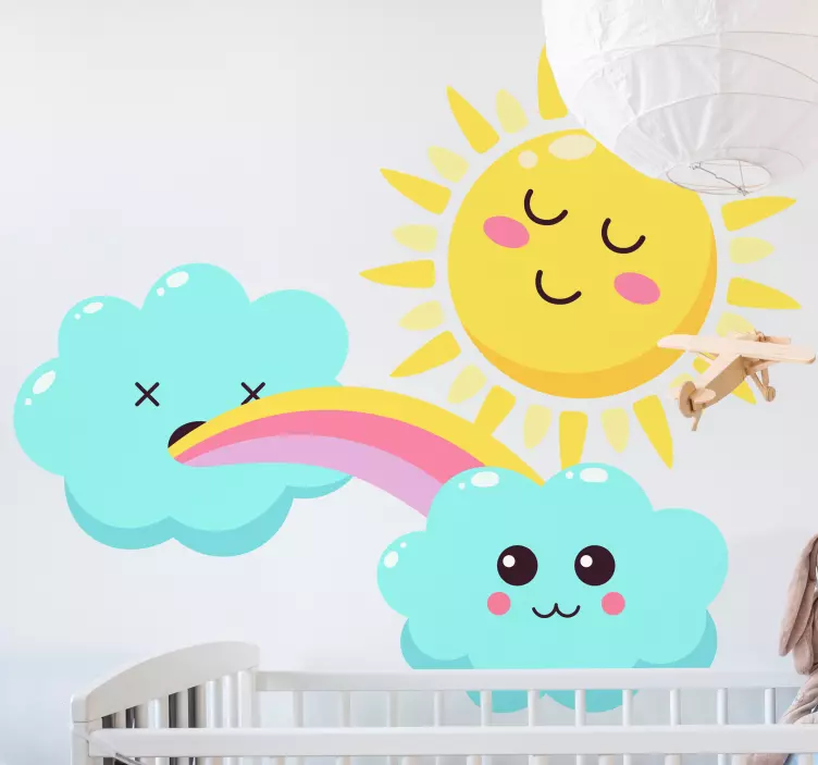 Shiny rainbow with smiling sun cartoon sticker - TenStickers