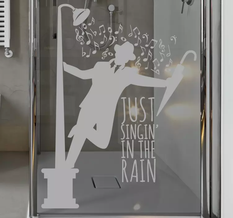 Man with singing in the rain text shower screen sticker - TenStickers