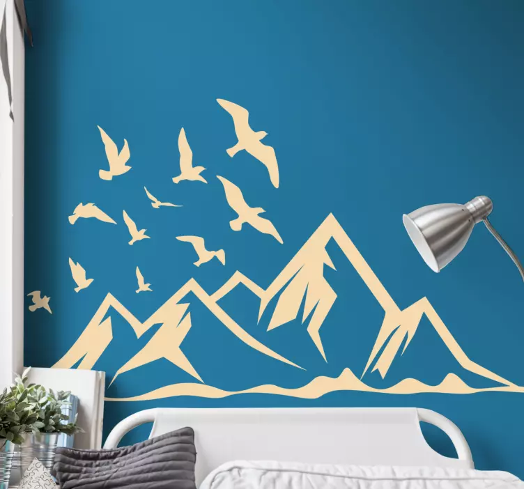 Solid color mountains with birds nature sticker - TenStickers