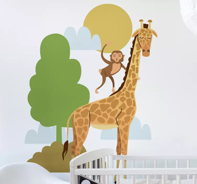 Tree with Giraffe and Monkeys wild animal decal - TenStickers