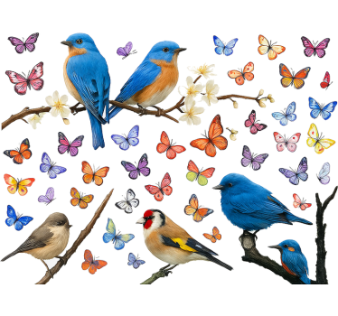 Colorful flowers and birds window sticker - TenStickers