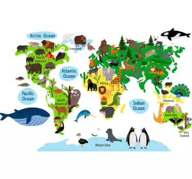 World map with trees and animals wall sticker - TenStickers