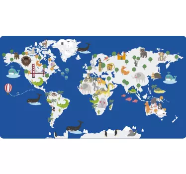Classic blue floral fauna world map wall sticker - TenStickers