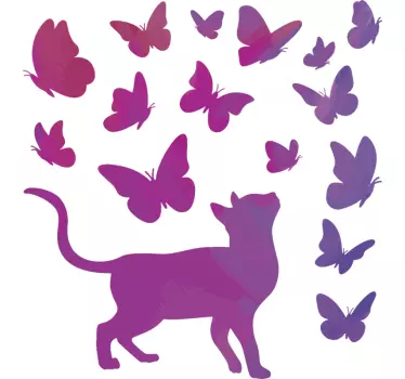Cat with set of purple butterfly wall sticker - TenStickers