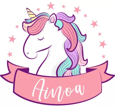 Pink unicorn with name illustration wall art decal - TenStickers