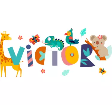 Animals and child name illustration wall  decal - TenStickers