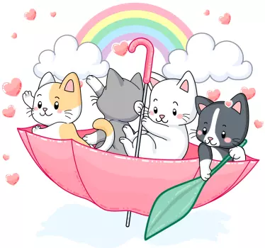 kittens and the umbrella illustration wall art - TenStickers
