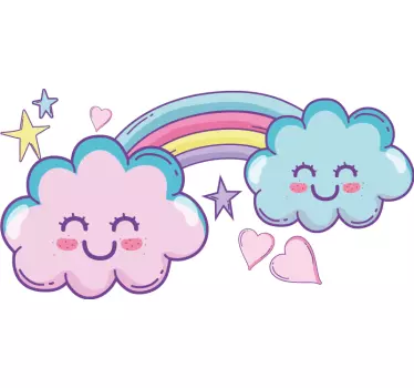 Smiling cute rainbow clouds with hearts cartoon wall sticker - TenStickers