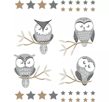 Nordic baby owls with stars illustration wall art - TenStickers