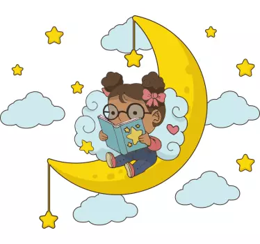 Girl reading on moon illustration wall art decal - TenStickers