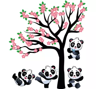 Pandas playing on spring tree wild animal sticker - TenStickers