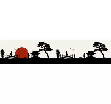 Japanese bird with sun and trees border decal - TenStickers