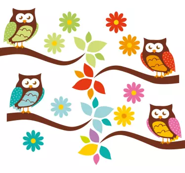 Colorful owls on tree house animal wall decal - TenStickers