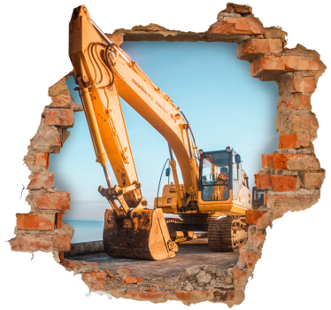 Damaged wall featuring three excavators 3d wall sticker - TenStickers