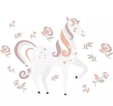 Pink and tall unicorn with flowers fairy tale wall decal - TenStickers