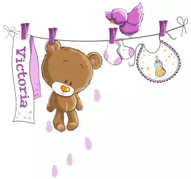  Personalized pink clothesline bear sticker - TenStickers