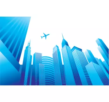 Cool Blue City and Plane Wall Sticker - TenStickers